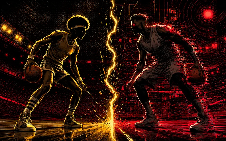 挑戰電腦：漫畫風格插圖，一名教練在薪資帽數字下方挑選九名跨年代球員，對面站著一整支發光的經典球隊