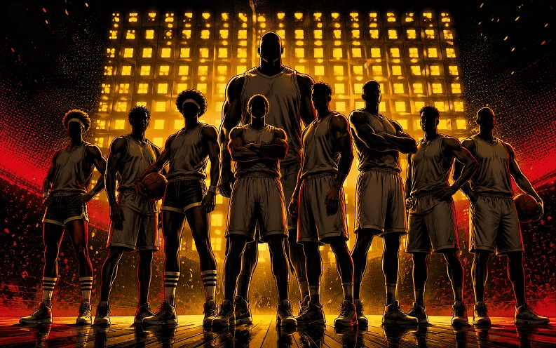 NBA82勝挑戰：漫畫風格插圖，跨年代的九人陣容並肩站成一列，背後是整季賽程的發光格狀圖