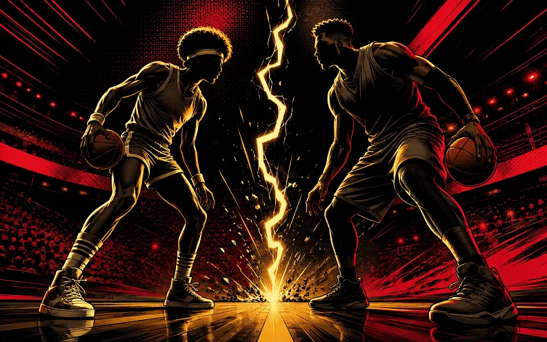 NBA跨時代對決：漫畫風格插圖，1980年代與現代的籃球員隔著時代裂縫對峙